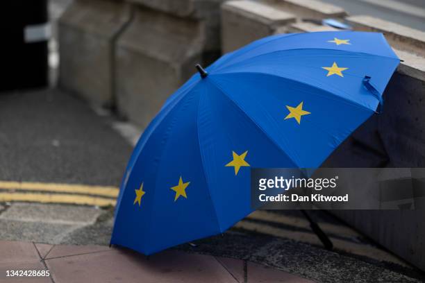Brexit themed flag sits on the ground outside the Labour Party Conference on September 25, 2021 in Brighton, England. Labour return to Brighton for...