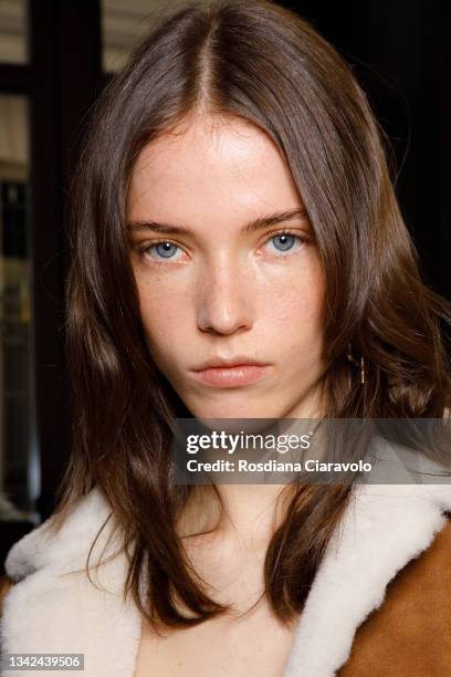 Model poses in the backstage of the Ermanno Scervino fashion show during the Milan Fashion Week - Spring / Summer 2022 on September 25, 2021 in...