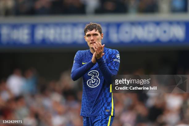 Andreas Christensen of Chelsea claps the fans following the Premier League match between Chelsea and Manchester City at Stamford Bridge on September...