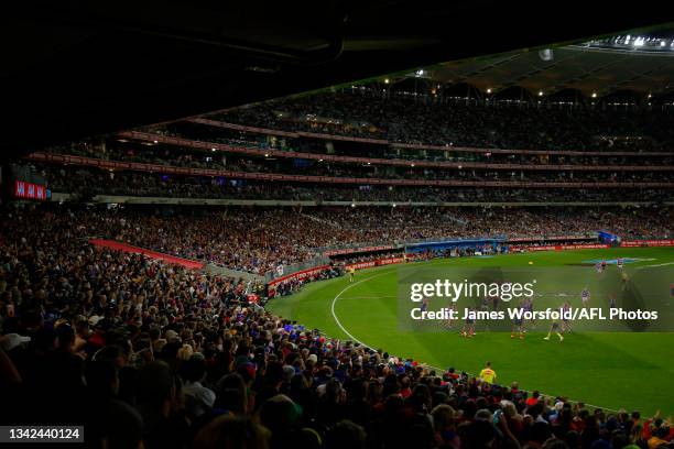 General view of the optus stadium crowd watching the Grand Final during the 2021 AFL Grand Final match between the Melbourne Demons and the Western...