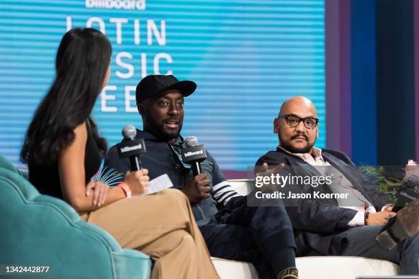 Lyndsey Havens, will.i.am and Polo Molina speak onstage during The Artist As Entrepreneur at the Billboard Latin Music Week 2021 at Faena Forum on...