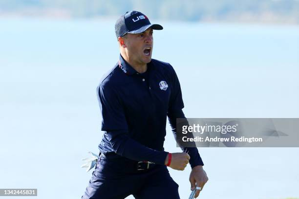 Justin Thomas of team United States celebrates on the seventh green during Saturday Morning Foursome Matches of the 43rd Ryder Cup at Whistling...