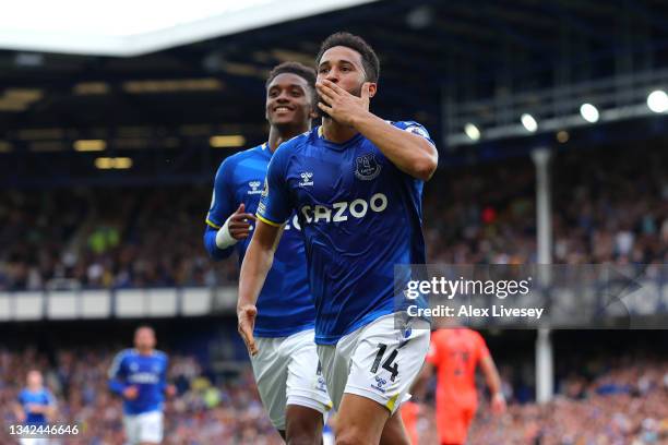 Andros Townsend of Everton celebrates after scoring their side's first goal during the Premier League match between Everton and Norwich City at...