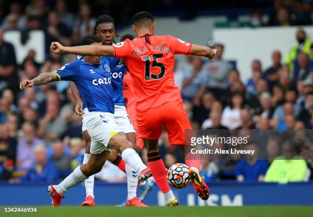 Ozan Kabak of Norwich City fouls Allan of Everton to concede a penalty during the Premier League match between Everton and Norwich City at Goodison...