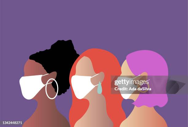 three beautiful people wearing surgical mask. - short hair stock illustrations