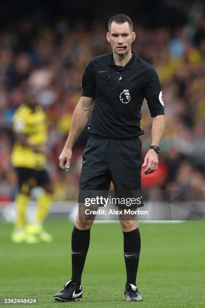 Match Referee, Jarred Gillett looks on during the Premier League match between Watford and Newcastle United at Vicarage Road on September 25, 2021 in...