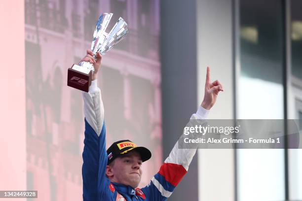 Third placed Robert Shwartzman of Russia and Prema Racing celebrates on the podium during sprint race 1 of Round 6:Sochi of the Formula 2...