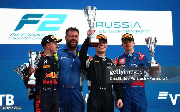 Race winner Dan Ticktum of Great Britain and Carlin, second placed Juri Vips of Estonia and Hitech Grand Prix and third placed Robert Shwartzman of...