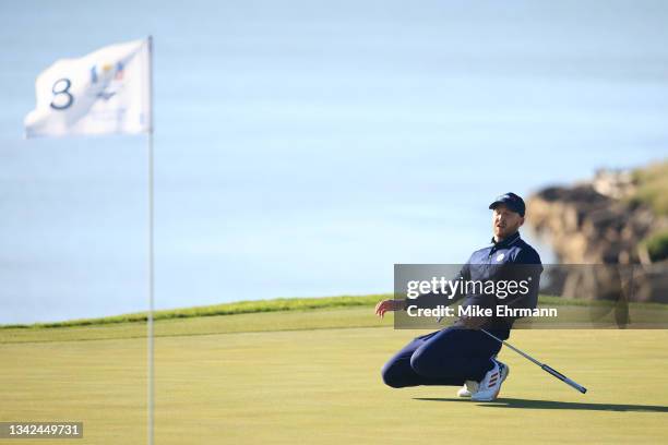 Daniel Berger of team United States reacts after missing a putt on the eighth green during Saturday Morning Foursome Matches of the 43rd Ryder Cup at...