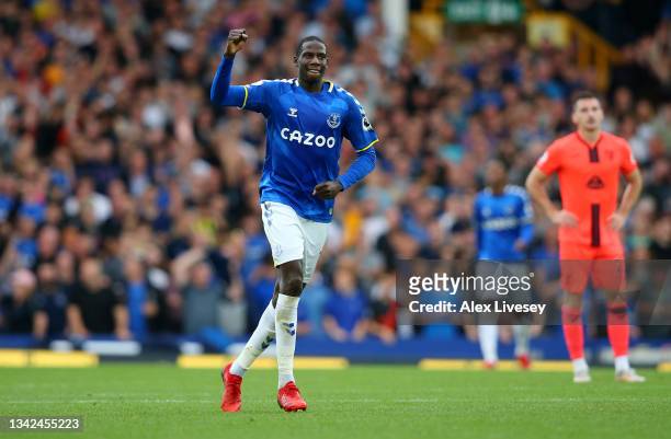 Abdoulaye Doucoure of Everton celebrates after scoring their side's second goal during the Premier League match between Everton and Norwich City at...