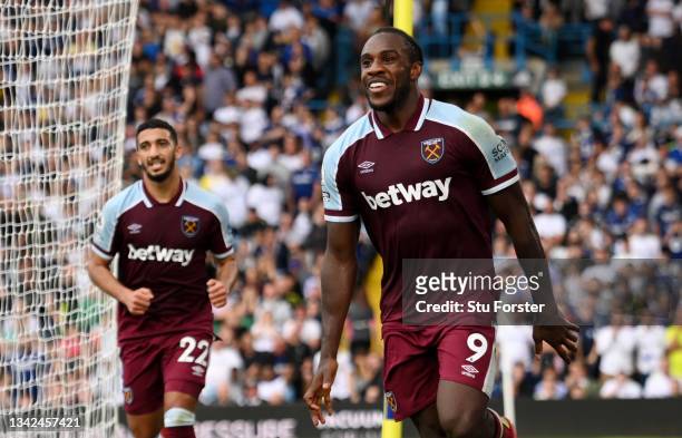 Michail Antonio of West Ham Unied celebrates after scoring their side's second goal during the Premier League match between Leeds United and West Ham...