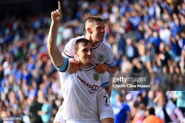 Chris Wood of Burnley celebrates scoring a goal which is later ruled out for offside during the Premier League match between Leicester City and...