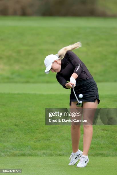 Cloe Frankish of England plays her tee shot on the seventh hole during the Rose Ladies Series Final at Bearwood Lakes Golf Club on September 25, 2021...