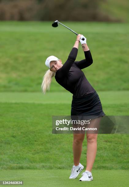 Cloe Frankish of England plays her tee shot on the seventh hole during the Rose Ladies Series Final at Bearwood Lakes Golf Club on September 25, 2021...