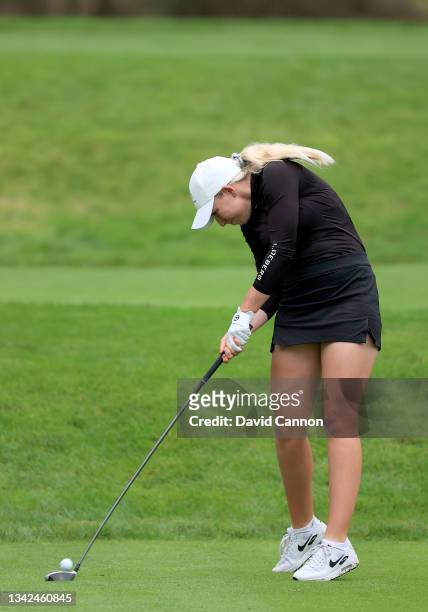 Cloe Frankish of England plays her tee shot on the seventh hole during the Rose Ladies Series Final at Bearwood Lakes Golf Club on September 25, 2021...