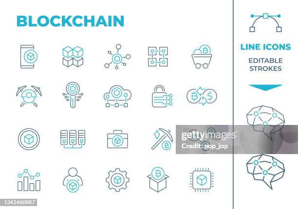 ilustraciones, imágenes clip art, dibujos animados e iconos de stock de blockchain y criptomoneda - iconos de línea de dos colores. trazo editable. ilustración vectorial de stock - cadena de bloques