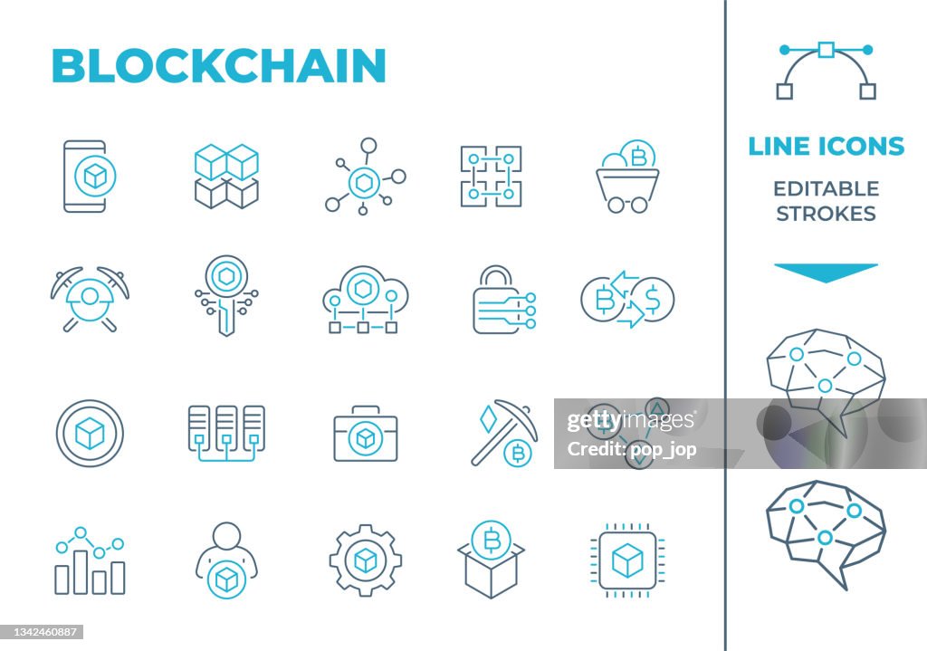 Blockchain and Cryptocurrency - Two Color Line Icons. Editable Stroke. Vector Stock Illustration