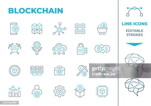 ilustrações, clipart, desenhos animados e ícones de blockchain e criptomoeda - dois ícones da linha de cores. golpe editável. ilustração de estoque de vetores - extração de dados