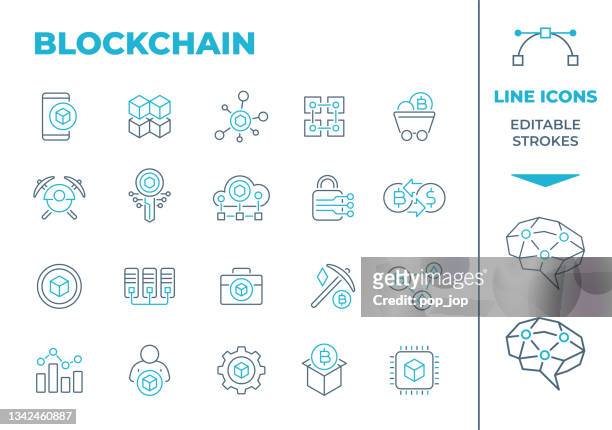 blockchain and cryptocurrency - two color line icons. editable stroke. vector stock illustration - blockchain crypto stock illustrations