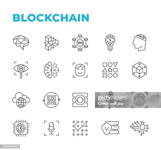 ilustraciones, imágenes clip art, dibujos animados e iconos de stock de blockchain y criptomoneda - iconos de línea. ilustración vectorial de stock - bc