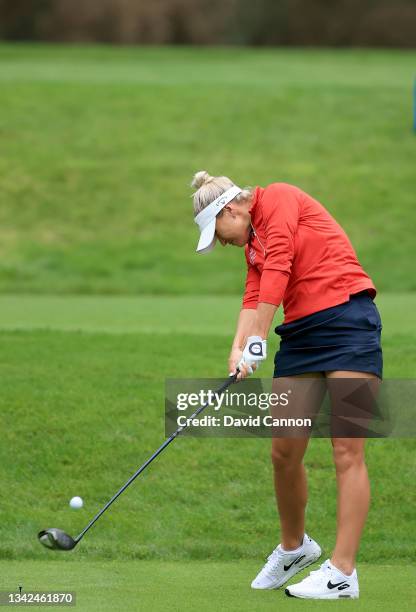 Amy Boulden of Wales plays her tee shot on the seventh hole during the Rose Ladies Series Final at Bearwood Lakes Golf Club on September 25, 2021 in...