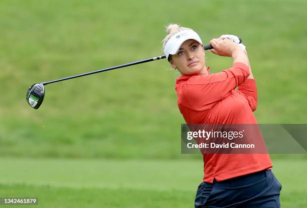 Amy Boulden of Wales plays her tee shot on the seventh hole during the Rose Ladies Series Final at Bearwood Lakes Golf Club on September 25, 2021 in...