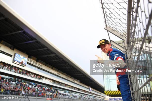 Third placed Robert Shwartzman of Russia and Prema Racing celebrates in parc ferme during sprint race 1 of Round 6:Sochi of the Formula 2...