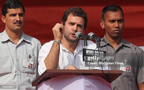 General Secretary Rahul Gandhi addresses the Youth party's national level convention of elected office bearers on November 28, 2011in New Delhi,...