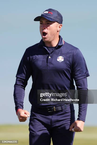 Justin Thomas of team United States celebrates on the 16th green during Saturday Morning Foursome Matches of the 43rd Ryder Cup at Whistling Straits...