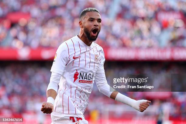 Yousseff En-Nesyri of Sevilla celebrates after scoring their team's first goal during the La Liga Santander match between Sevilla FC and RCD Espanyol...
