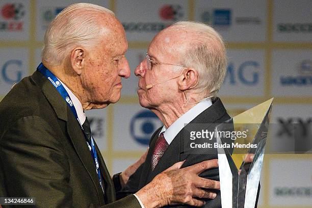Brazilian Joao Havelange, former FIFA President, greets Mario Jorge Zagallo, during his tribute as part of the second day of the Soccerex Global...