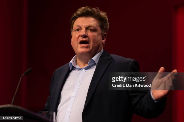 General secretary of the Labour party David Evans speaks on day one of the Labour Party conference on September 25, 2021 in Brighton, England. Labour...