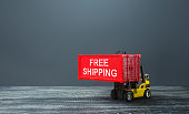 Forklift loaded with free shipping container. World trade, logistics. Attractiveness of purchasing a product, a marketing move. Special delivery conditions for buyers, competition in foreign markets.