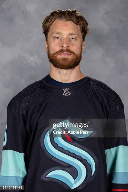 Adam Larsson of the Seattle Kraken poses for his official headshot for the 2021-2022 season on September 22, 2021 at the Kraken Community Iceplex in...