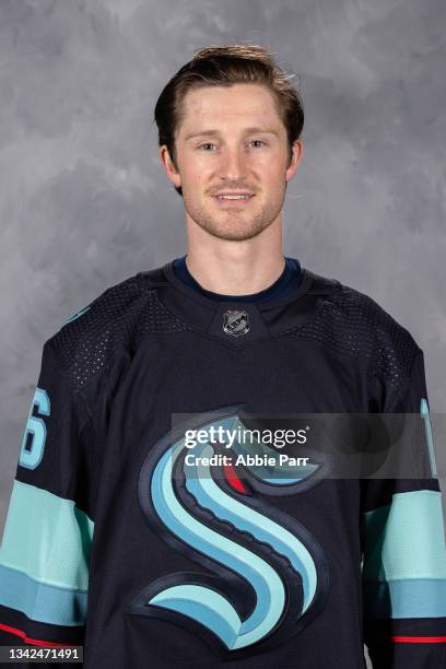 Jared McCann of the Seattle Kraken poses for his official headshot for the 2021-2022 season on September 22, 2021 at the Kraken Community Iceplex in...