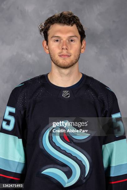 Jeremy Lauzon of the Seattle Kraken poses for his official headshot for the 2021-2022 season on September 22, 2021 at the Kraken Community Iceplex in...