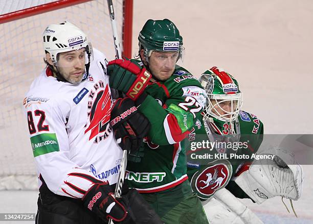 Alexander Frolov of the Avangard, Konstantin Korneyev and goaltender Petri Vehanen of the Ak Bars watches for the attack during the game between...