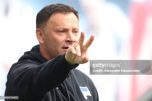 Pal Dardai, Head Coach of Hertha Berlin reacts during the Bundesliga match between RB Leipzig and Hertha BSC at Red Bull Arena on September 25, 2021...