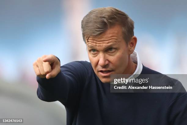 Jesse Marsch, Head Coach of RB Leipzig reacts during the Bundesliga match between RB Leipzig and Hertha BSC at Red Bull Arena on September 25, 2021...