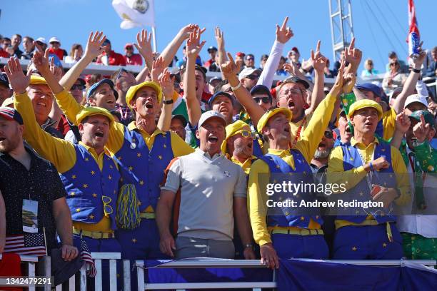 Paul Casey of England and team Europe cheers with fans during Saturday Afternoon Fourball Matches of the 43rd Ryder Cup at Whistling Straits on...