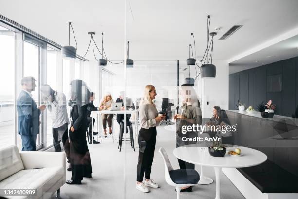 co-workers caught up in a casual moment in a bright office - broader stock pictures, royalty-free photos & images