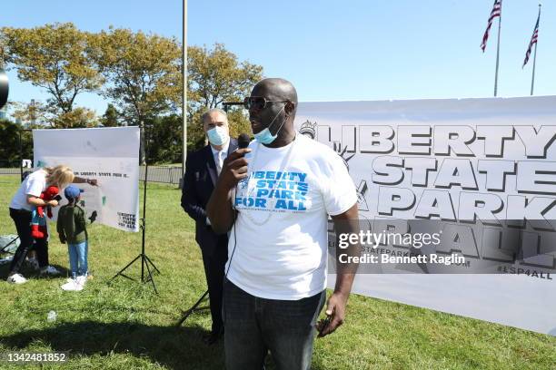 Arnold Stovell, Executive Director of Liberty State Park for All addresses the rally at Liberty State Park on September 25, 2021 in Jersey City, New...