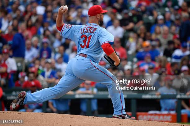 Jon Lester of the St. Louis Cardinals pitches in the first inning against the Chicago Cubs at Wrigley Field on September 25, 2021 in Chicago,...