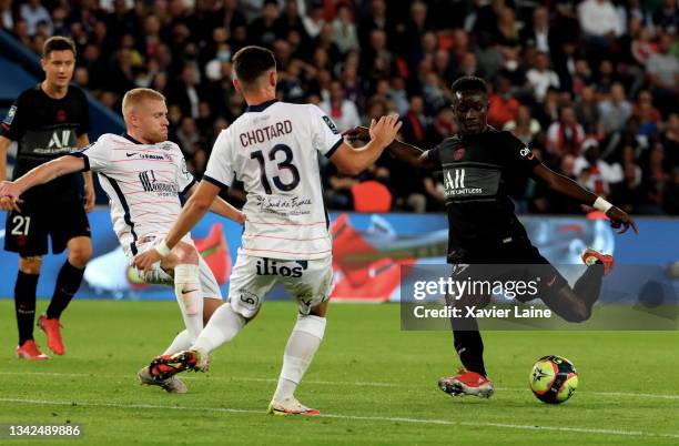 Idrissa Gueye of Paris Saint-Germain score a goal during the Ligue 1 Uber Eats match between Paris Saint Germain and Montpellier at Parc des Princes...