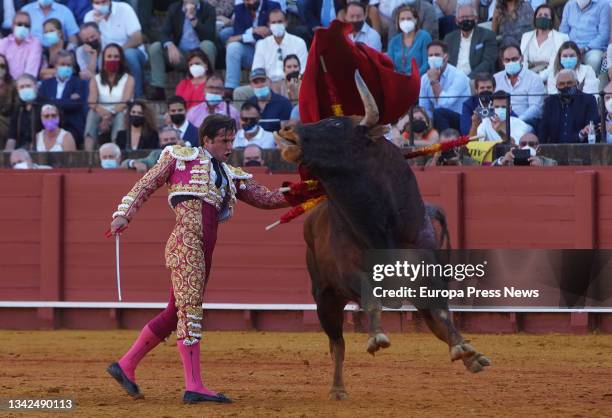 Julian Lopez 'El Juli', with the muleta to his first bull, in the 7th of abono of the fair of San Miguel 2021, with bulls of Gracigrande, on...