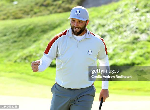 Jon Rahm of Spain and team Europe reacts after holing his putt on the seventh green during Saturday Afternoon Fourball Matches of the 43rd Ryder Cup...