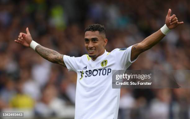 Leeds United player Raphinha celebrates his goal during the Premier League match between Leeds United and West Ham United at Elland Road on September...