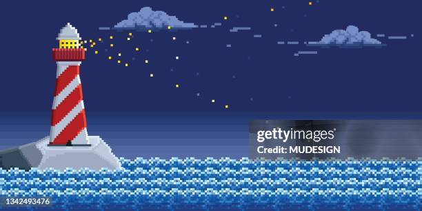 pixel illustration of red and white lighthouse surrounded by waves - 8 bit stock illustrations