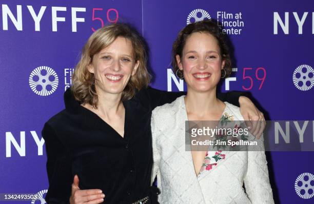 Director Mia Hansen-Love and actress Vicky Krieps attend the "Bergman Island" photo call during the 59th New York Film Festival at Alice Tully Hall,...