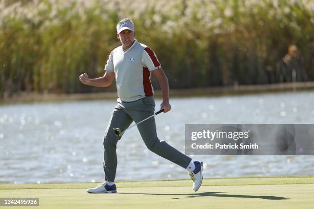 Ian Poulter of England and team Europe celebrates on the fifth green during Saturday Morning Foursome Matches of the 43rd Ryder Cup at Whistling...